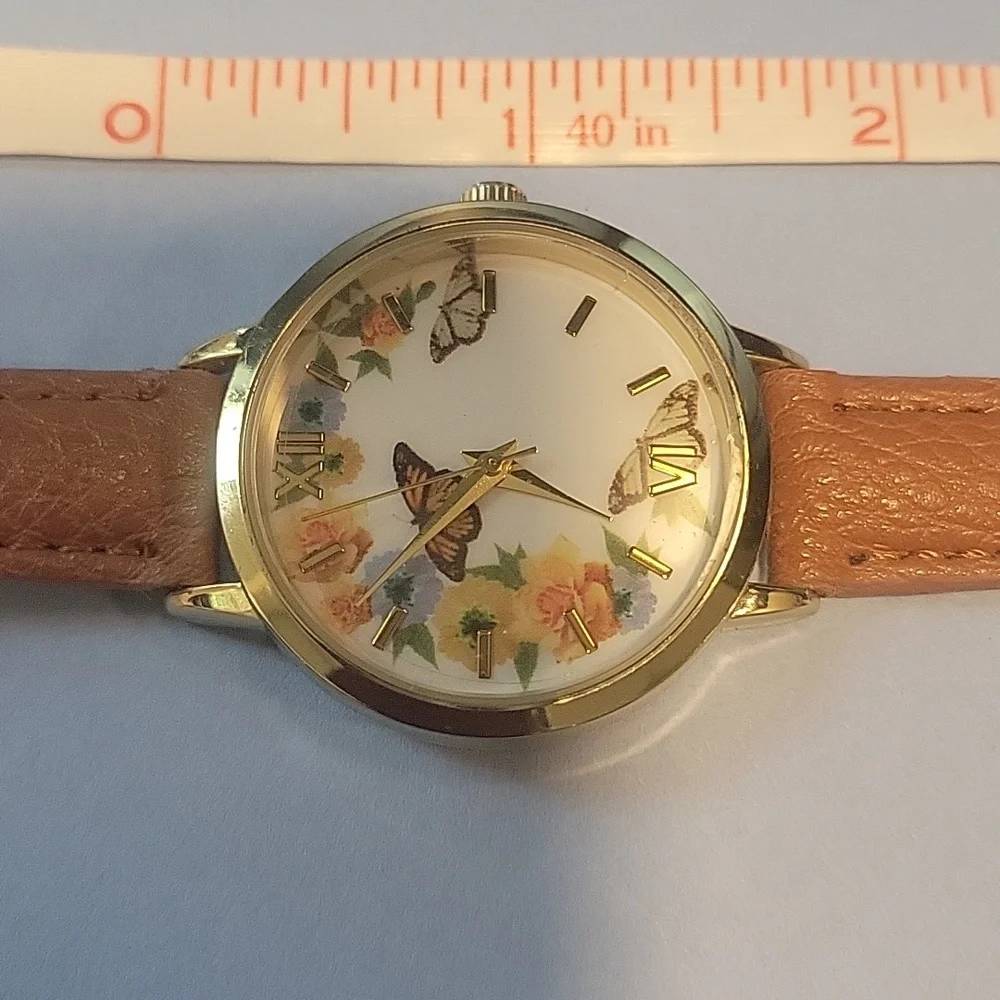 Butterfly Women's Watch with Brown Imitation Leather Band - Picture 4 of 5